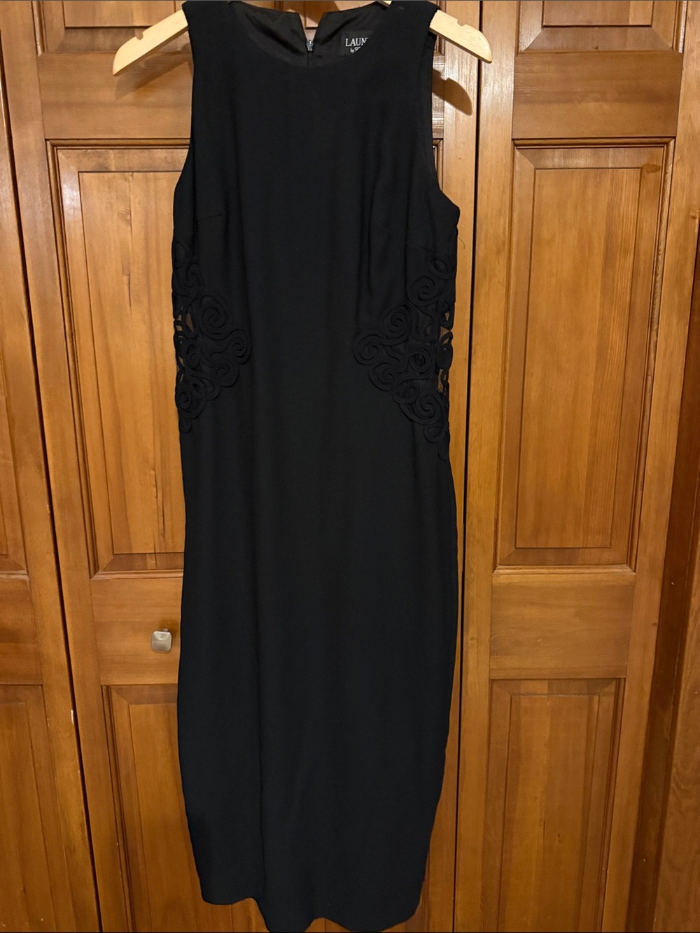 Laundry Black Sleeveless Long Dress with Side Peep Through Rosette Appliqué